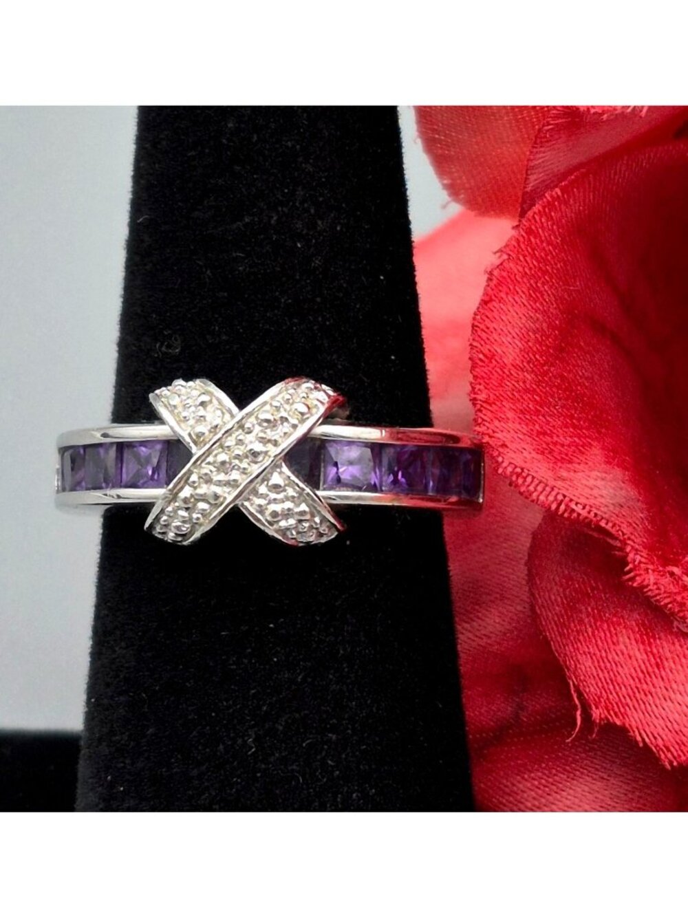 Sterling Silver Ring Amethyst Stones X Design Size 7 Signed 925 FAS